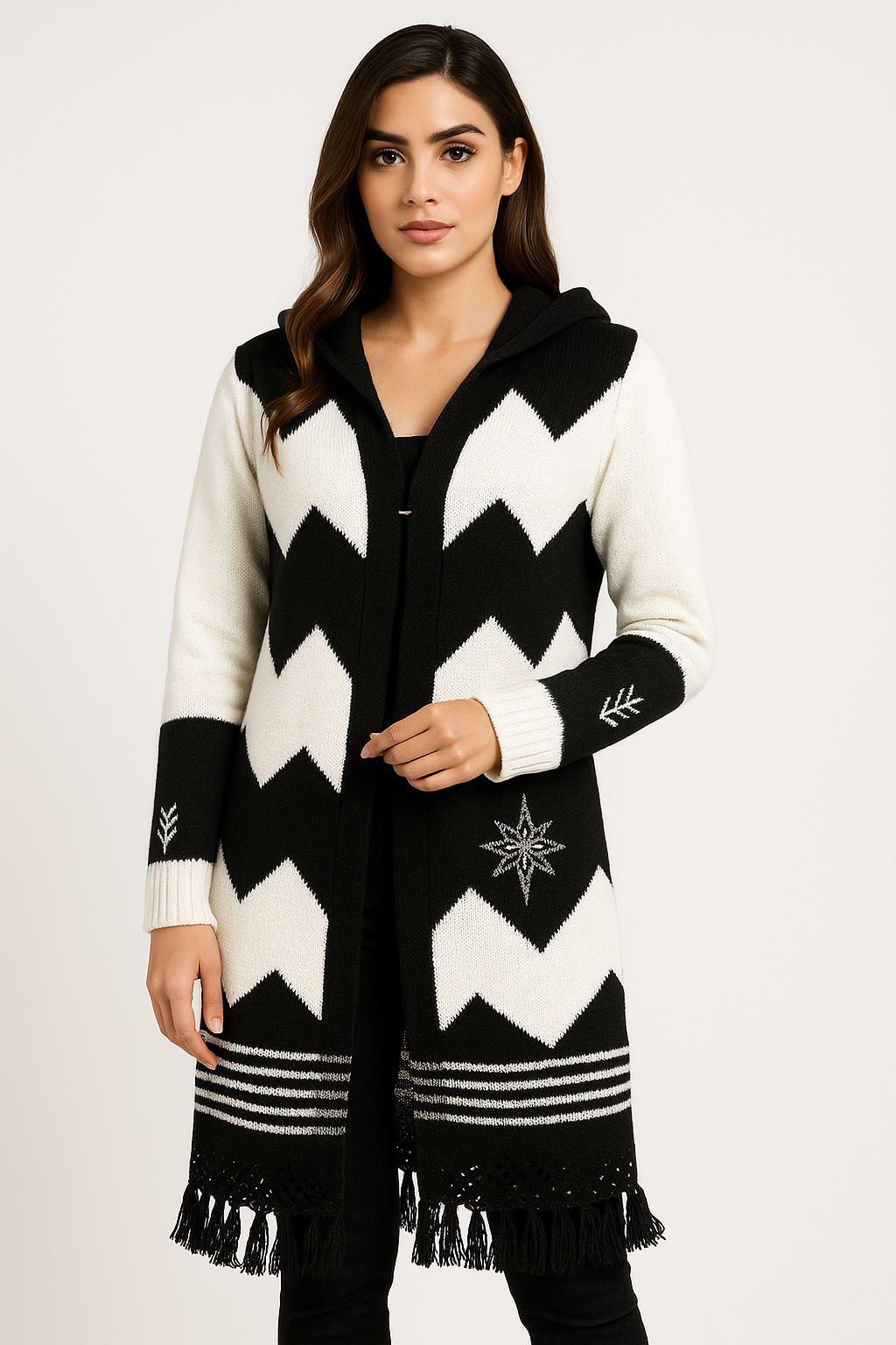 Monochrome ZigWave Tassel Cardigan