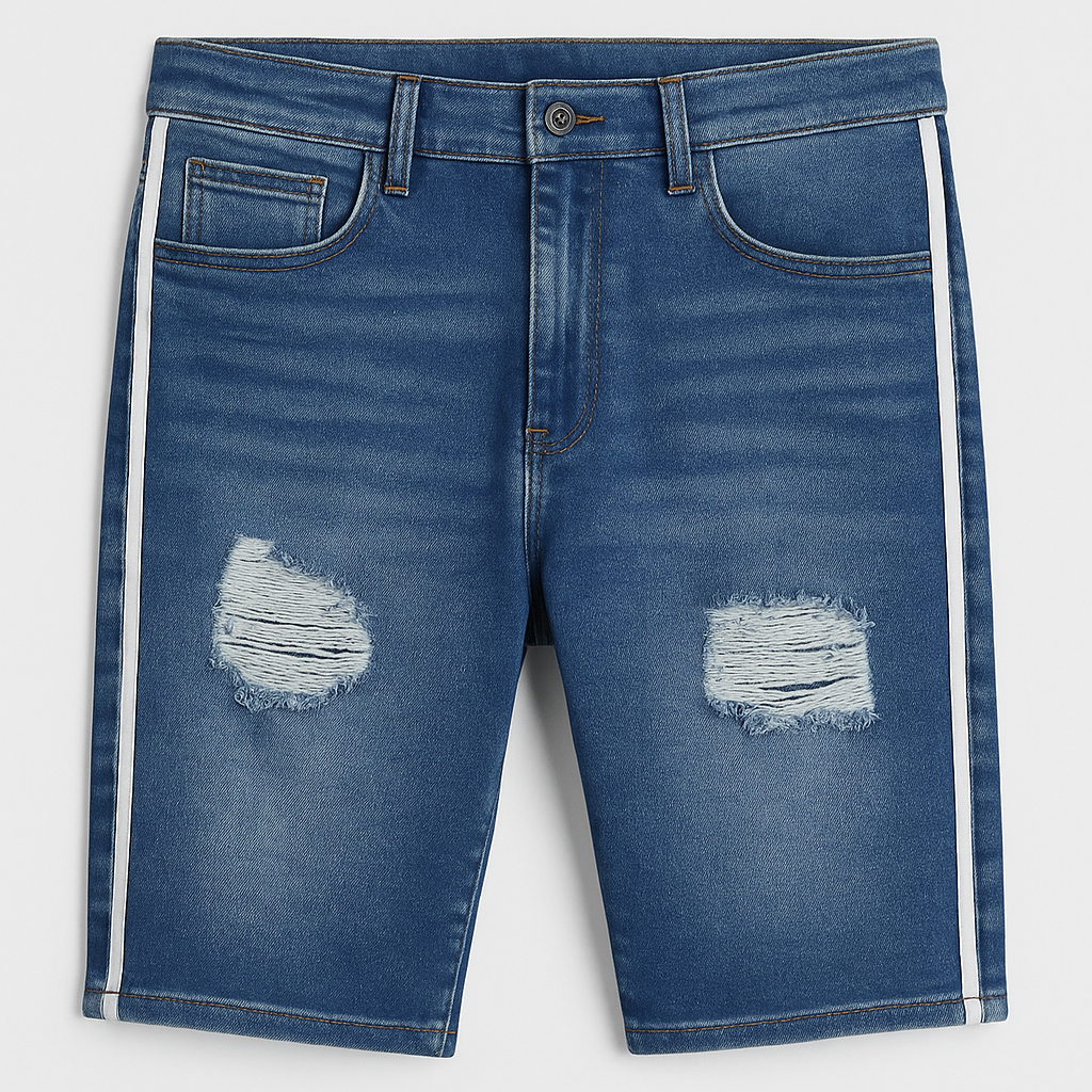 Side Stripe Distressed Denim Shorts