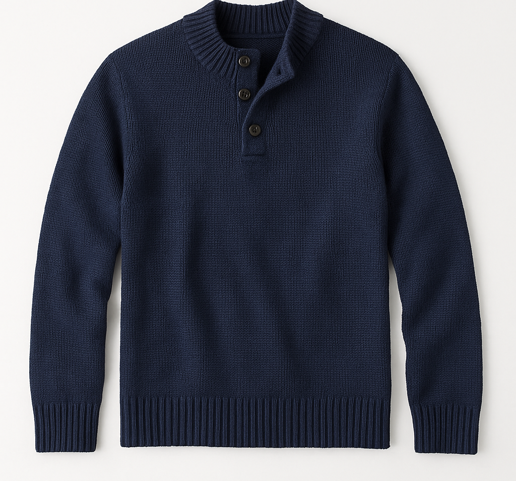 Navy Button-Neck Knit Sweater
