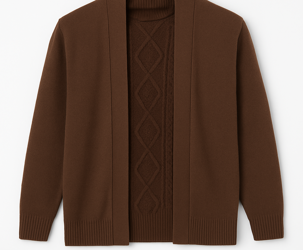 Men’s Brown Cable Knit Sweater with Open-Front Cardigan