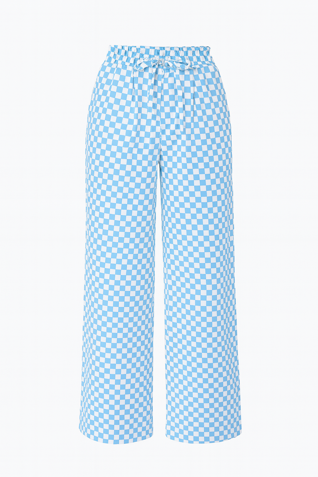 Blue Gingham Wide-Leg Trousers