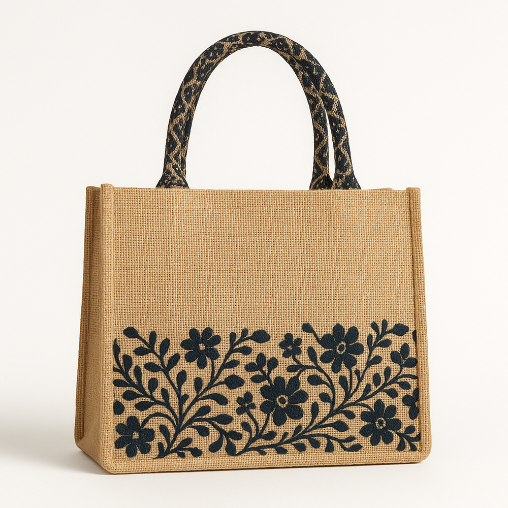 Jute Handbag with Floral Pattern