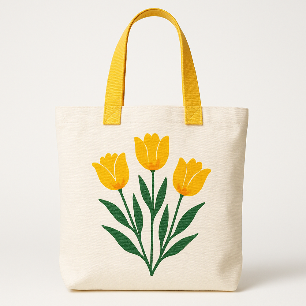White Canvas Tote Bag with Yellow Floral Print