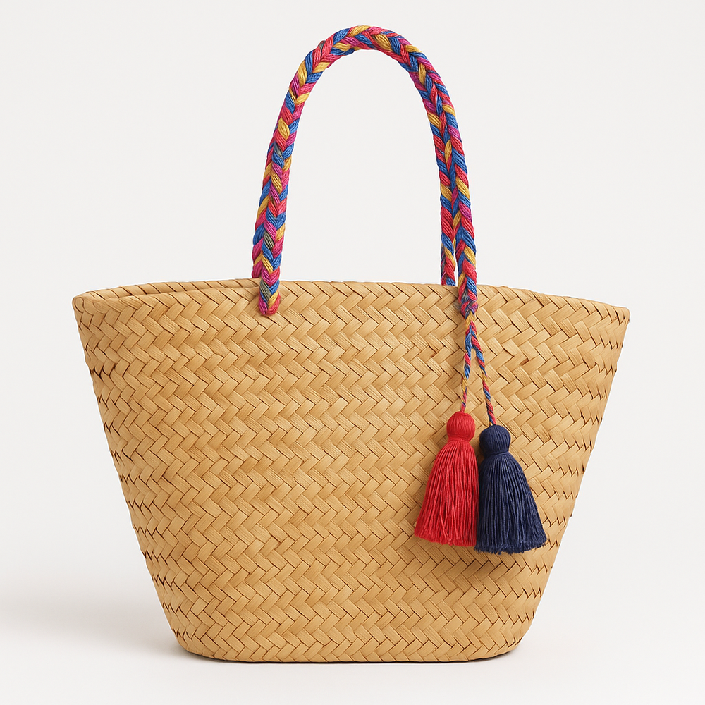 Wicker Straw Basket Bag with Colorful Braided Straps and Tassels