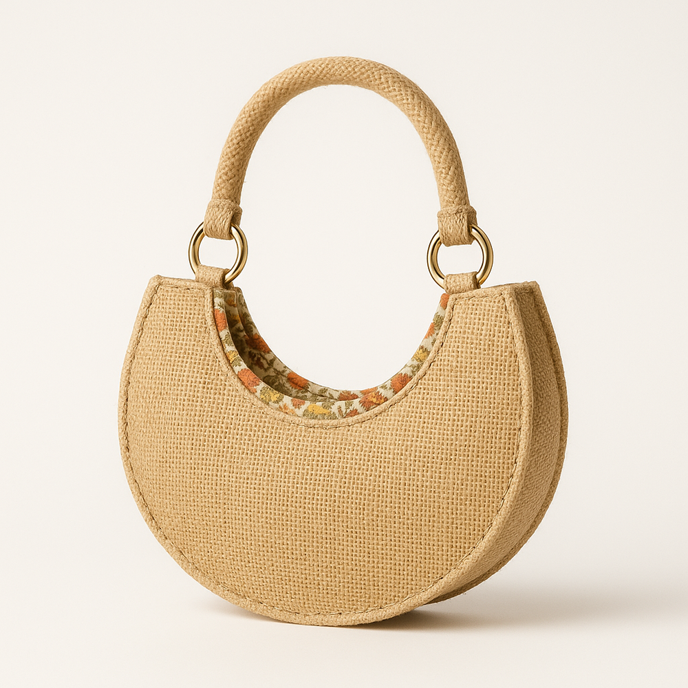 Crescent Moon Jute Handbag with Floral Pattern and Metal Rings