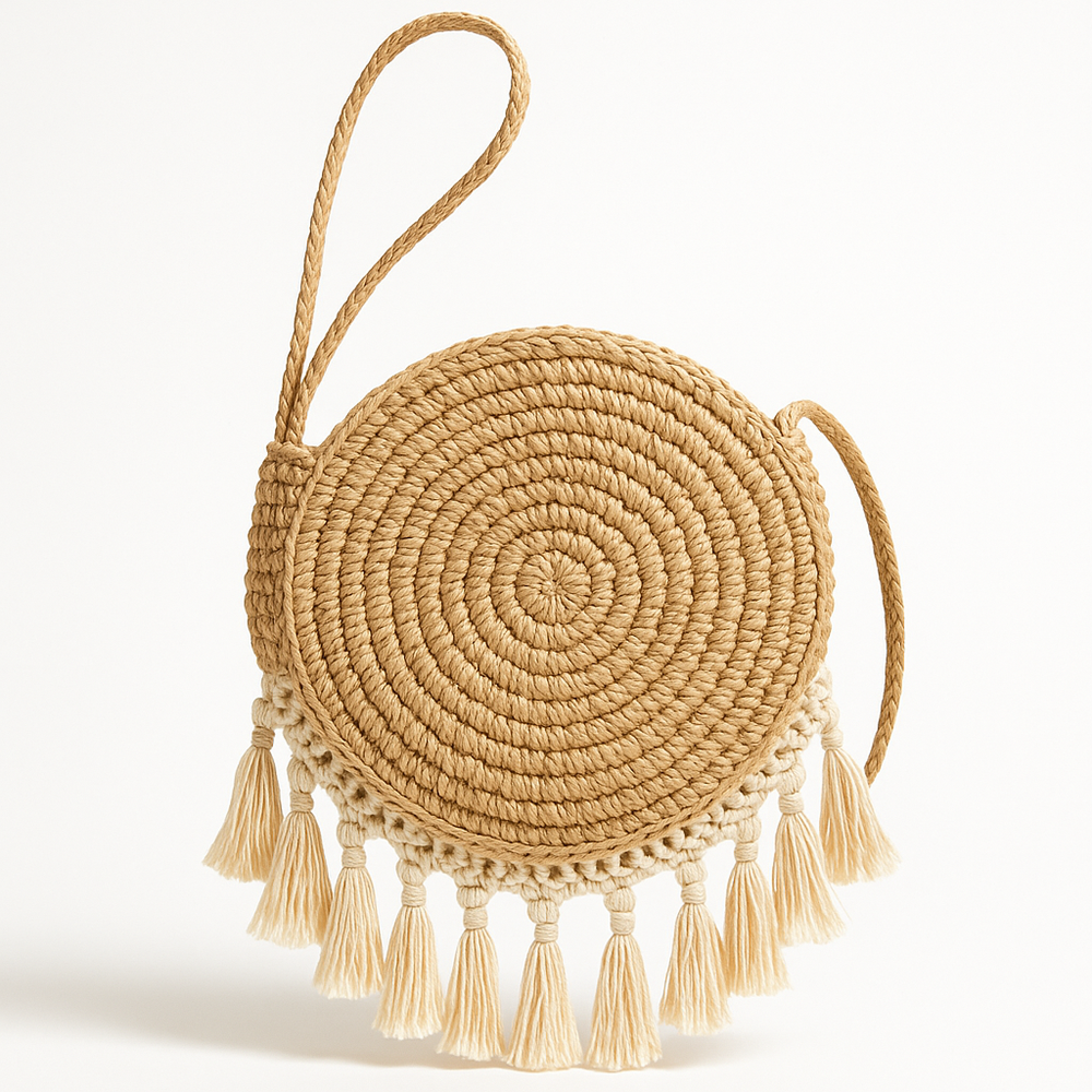Round Straw Rattan Crochet Bag with Fringe Tassel