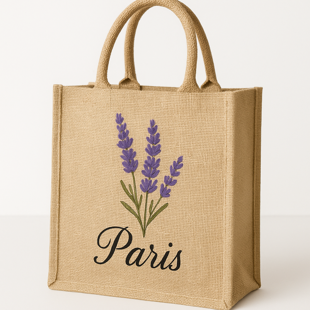 Jute Shopping Bag with Lavender Print and Paris Text