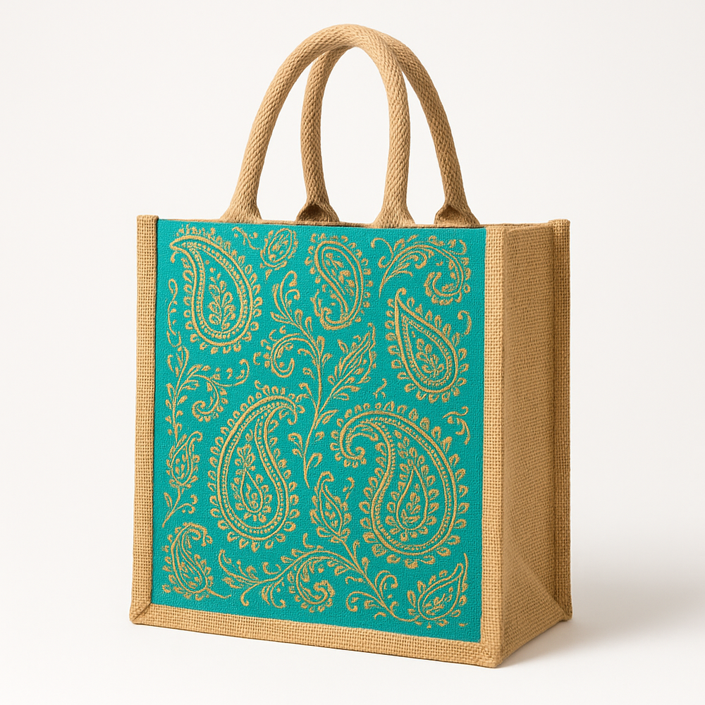 Jute Shopping Bag with Turquoise Paisley Pattern