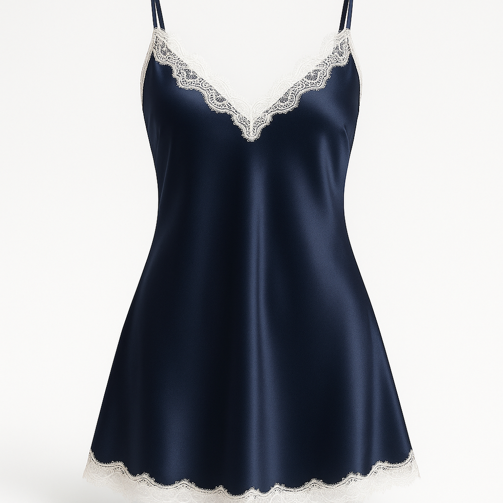 Navy Blue Silk Satin sleepwear with White Lace Trim