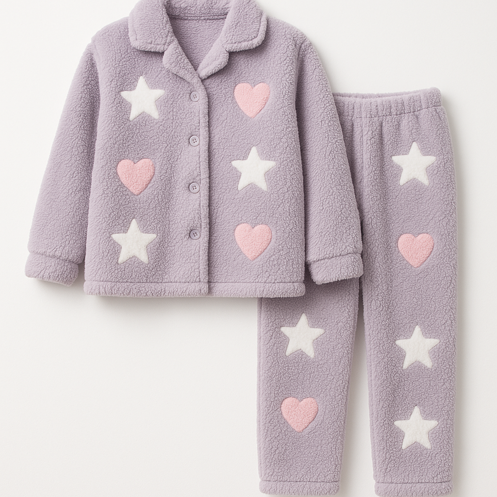 Lavender Fluffy Fleece Teddy Sleepwear Set with Stars and Hearts