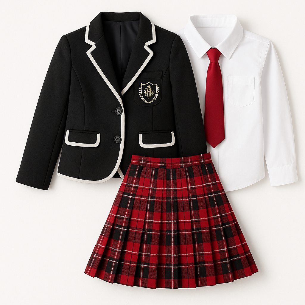 Girls School Uniform Set with Black Blazer and Red Plaid Skirt